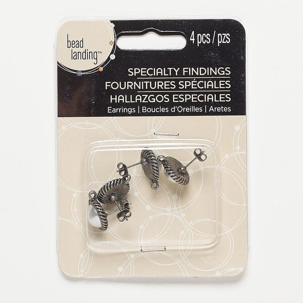 Earstud 1pkg4 "pewter" (zinc-based alloy), 13mm round / rope design / closed loop / earnuts, antique nickel-finished / acrylic / steel white 2 pair image number 0