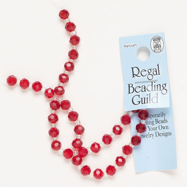 Bead, glass, pkg/10 inches, 5-6mm faceted round, translucent red. image number 0