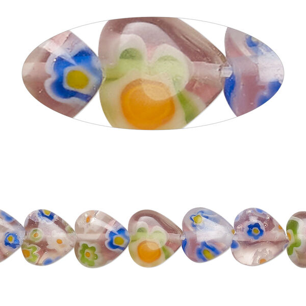 Bead, millefiori glass, translucent multicolored, 7mm-9x8mm puffed heart. Sold per 14-inch strand. image number 0
