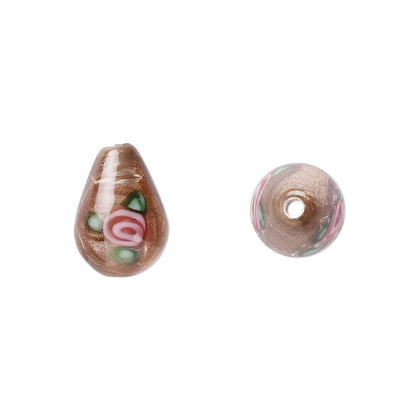 Bead, Czech lampworked glass, opaque brown / pink / green, 12x8mm-13x9mm teardrop with flower design. Sold per pkg of 4. image number 0