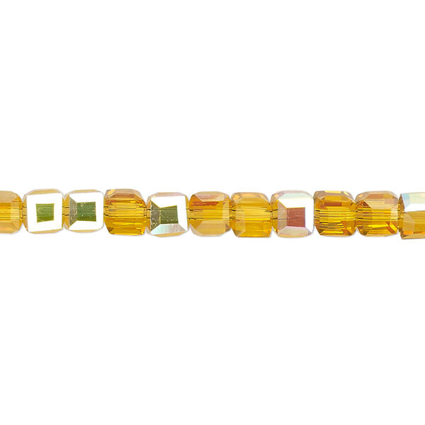 Bead 1pk 18 facets translucent gold AB, Celestial Crystal® 4mm cube 15.5-16 inch image number 0