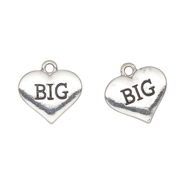 Charm, antique silver-finished enamel "pewter" (zinc-based alloy), black, 16x13mm heart with "Big". Sold per pkg of 2. image number 0