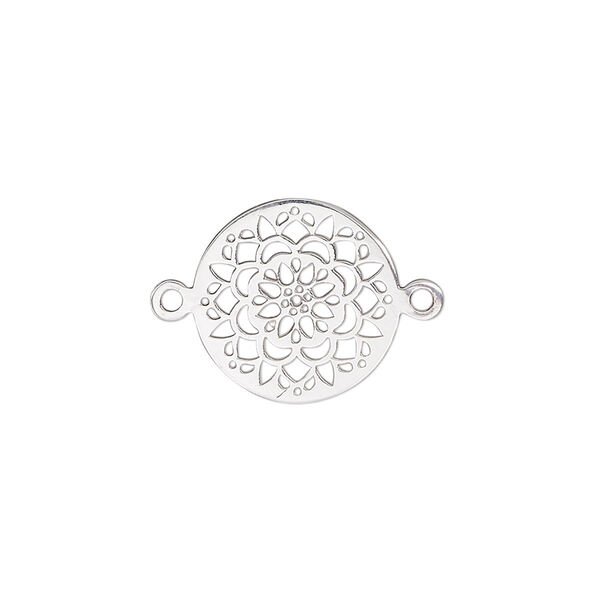 Link, sterling silver, 15mm double-sided round with cutout flower. Sold individually. image number 0