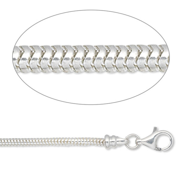 Chain, sterling silver, 2mm snake, 7 inches with lobster claw clasp and (2) 4mm end caps. Sold individually. image number 0