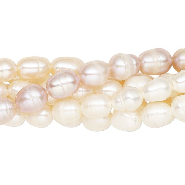 Pearl mix, cultured freshwater (natural / bleached), white / peach / mauve, 5-7mm rice, C- grade, Mohs hardness 2-1/2 to 4. Sold per pkg of (6) 15-inch strands. image number 0