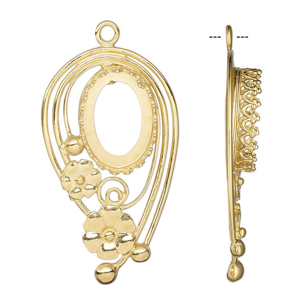 Focal, JBB Findings, gold-plated brass, 34x20mm-36x20mm single-sided with flower design and 14x10mm oval bezel setting. Sold individually. image number 0