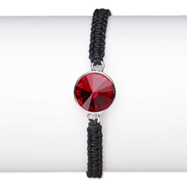 Bracelet, glass / nylon / silver-finished brass / steel, black and red, 16mm rivoli with macramé design, 6-1/2 inches with 3-inch extender chain and lobster claw clasp. Sold individually. image number 0