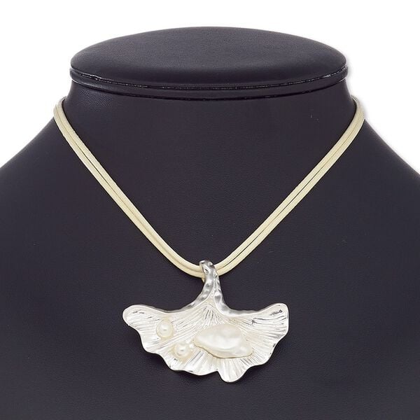 Necklace, plastic / resin / waxed cotton cord / silver-coated plastic / silver-finished steel / "pewter" (zinc-based alloy), cream and white, 58x48mm ginkgo leaf, 16 inches with 2-1/2 inch extender chain and lobster claw clasp. Sold individually. image number 0