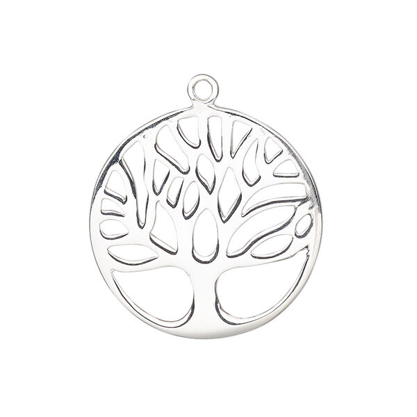 Drop, sterling silver, 25mm double-sided flat round with cutout tree design. Sold individually. image number 0