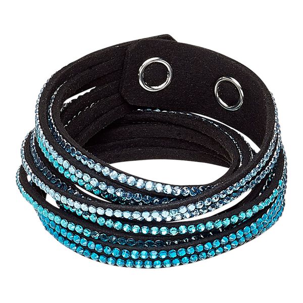 Bracelet, 6-strand wrap, acrylic rhinestone / faux suede / imitation rhodium-plated brass, black / clear / multi-blue, 19mm wide, adjustable at 6-1/2 and 7 inches with snap closure. Sold individually. image number 0