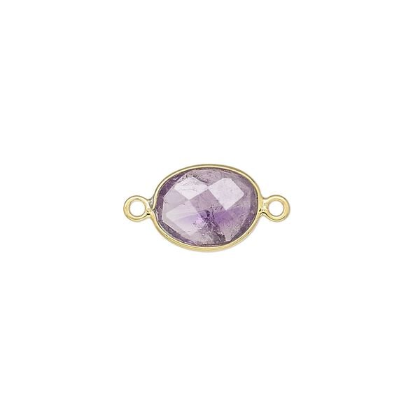 Link, amethyst (natural) and gold-finished sterling silver 9x7mm-12x10mm oval with 8x6mm-11x9mm hand-cut double-sided faceted flat freeform oval. Sold individually. image number 0