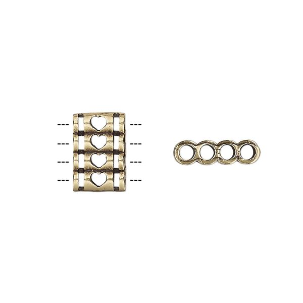 Spacer, antiqued brass, 12.5x8.5mm double-sided 4-strand quadruple round tube with heart cutout design, fits up to 2mm bead. Sold individually. image number 0