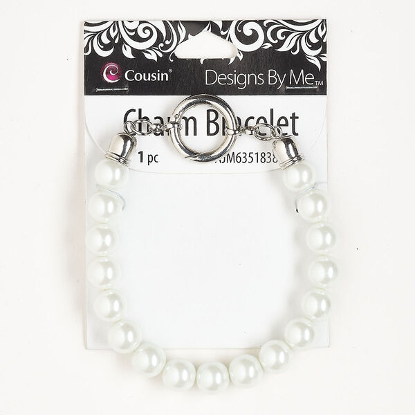 Bracelet, silver-finished steel and acrylic pearl, white, 8 inches with self-closing clasp. Sold individually. image number 0