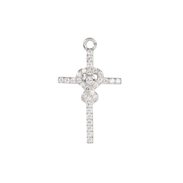 Drop, cubic zirconia and rhodium-plated sterling silver, clear, 23x15mm single-sided cross. Sold individually. image number 0