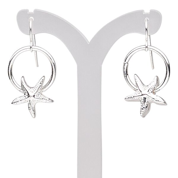 Earring, silver-plated steel and "pewter" (zinc-based alloy), 32mm with open round and starfish with fishhook ear wire. Sold per pair. image number 0