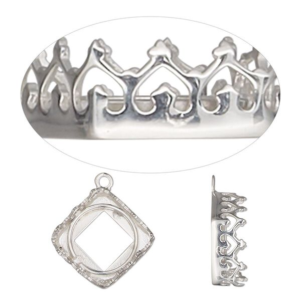 Drop, Almost Instant Jewelry®, sterling silver, 15x14.5mm diamond with decorative trim and open back with 10mm chessboard flat back bezel setting. Sold individually. image number 0