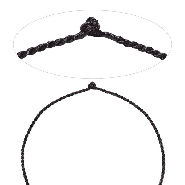 Necklace cord, satin-finished nylon, black, 2.3mm-2.6mm smooth twisted, 24 inches with knot closure. Sold per pkg of 2. image number 0