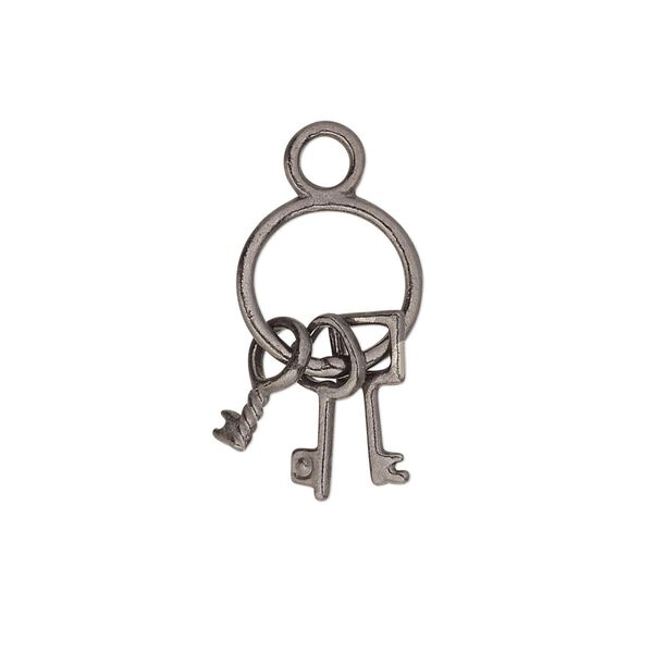 Charm, gunmetal-plated "pewter" (zinc-based alloy), 21x12mm double-sided key ring with (3) keys. Sold per pkg of 10. image number 0