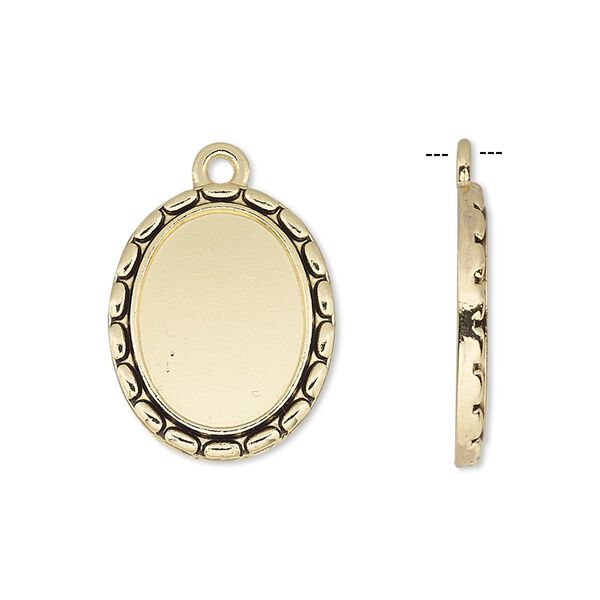 Drop, antique gold-finished "pewter" (zinc-based alloy), 21x17mm oval with oval edge and 16x12mm oval setting. Sold per pkg of 6. image number 0