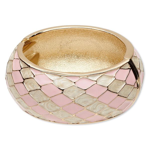 Bracelet, hinged bangle, epoxy and gold-finished "pewter" (zinc-based alloy), pink and white, 32mm wide with diagonal diamond design, 6-1/2 inches. Sold individually. image number 0