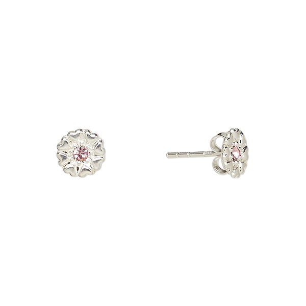 Earstud, Create Compliments®, sterling silver and crystal, pink, 7mm flower. Sold per pair. image number 0