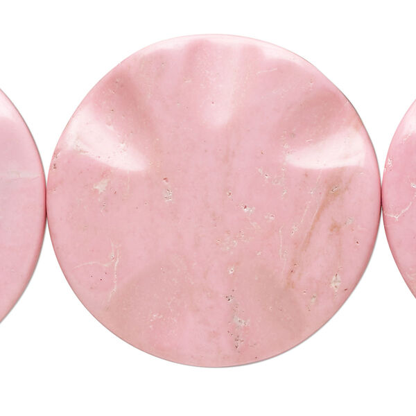 Bead, magnesite (dyed / stabilized), pink, 35mm wavy flat round, C grade, Mohs hardness 3-1/2 to 4. Sold per 15-inch strand. image number 0