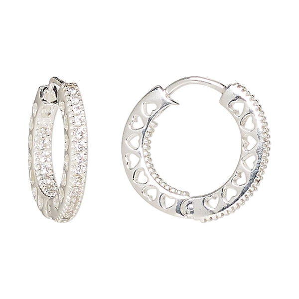 Earring, Create Compliments®, sterling silver and cubic zirconia, clear, 21mm hinged round hoop with open heart design. Sold per pair. image number 0