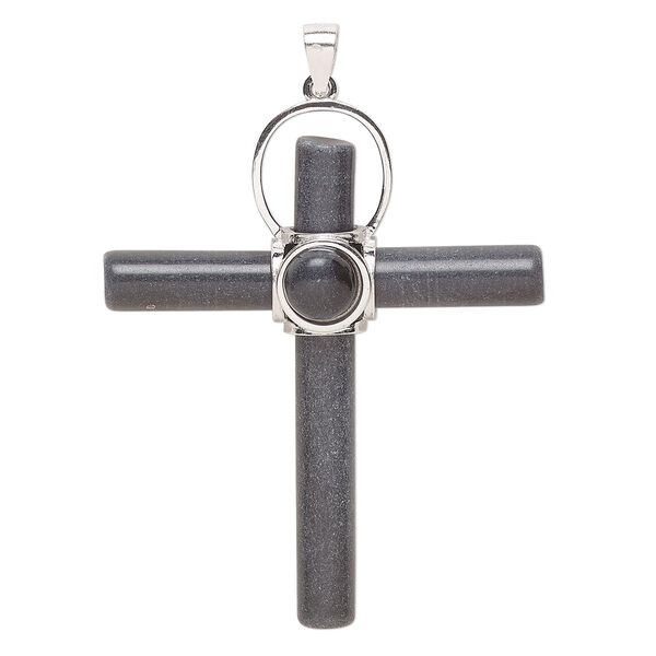 Pendant, blackstone (dyed) and sterling silver, 44x24mm-50x39mm cross. Sold individually. image number 0