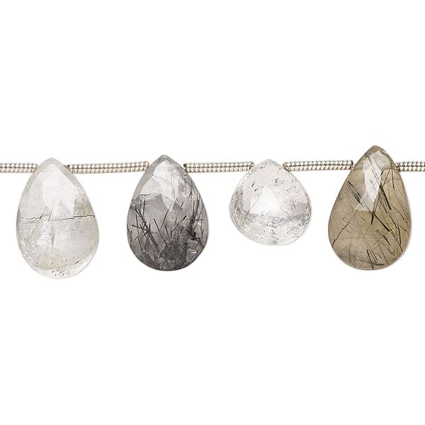 Tourmalinated quartz 1pkg18, hand-cut top-drilled faceted puffed teardrop bead natural 10x7mm-12x9mm image number 0