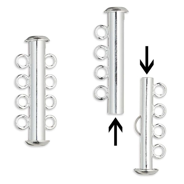 Clasp, 4-strand slide lock, silver-plated brass, 26x6mm tube. Sold per pkg of 10. image number 0
