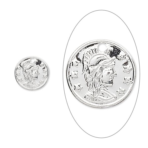 Charm, silver-plated brass, 10mm Roman coin replica. Sold per pkg of 50. image number 0