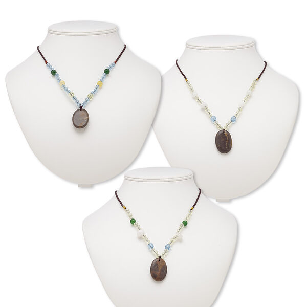 Multi-gemstone / acrylic / glass 1pkg3, oval pendant necklace mix continuous loop 20-24 inch 33x23mm-34x24mm image number 0