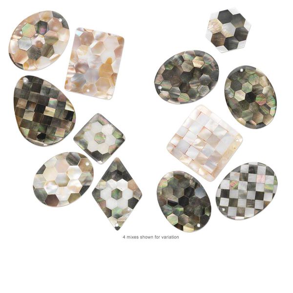 Focal mix, black lip shell / gold lip shell / mother-of-pearl shell (assembled), 25mm-44x35mm mixed shape with inlaid mixed design, Mohs hardness 3-1/2. Sold per pkg of 3. image number 0