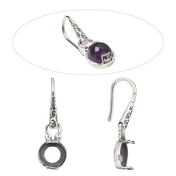 Earring fishhook 1pkg2 sterling silver, 25-29mm fancy dot design / 6mm round cab 2-prong open back setting, 20 gauge antiqued 1 pair image number 0