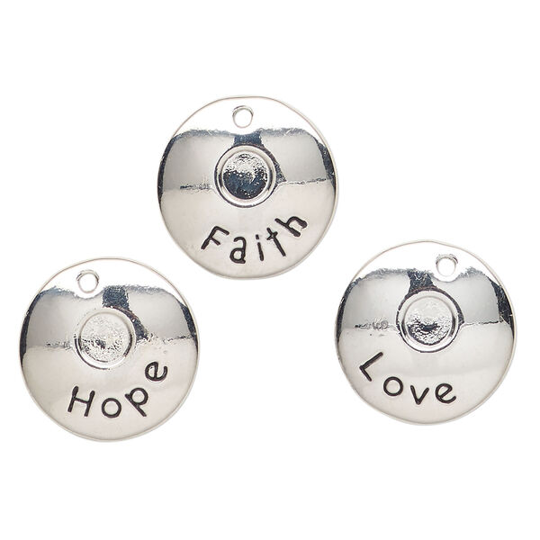 Drop, "pewter" (zinc-based alloy), pkg/3, 18mm round with "Faith" / "Hope" / "Love," antique silver finish. image number 0