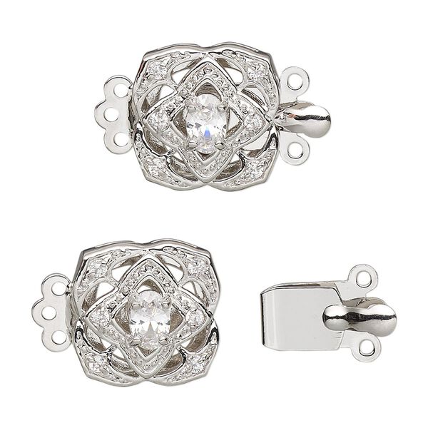 Clasp, 3-strand tab, cubic zirconia / rhodium-plated sterling silver / silver-plated brass, clear, 15x15mm square. Sold individually. image number 0