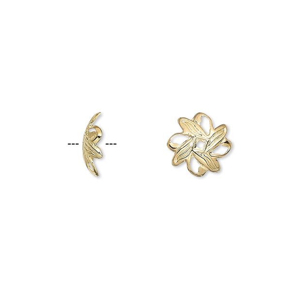 Bead cap, gold-plated brass, 10x3mm fancy leaf, fits 10-12mm bead. Sold per pkg of 100. image number 0