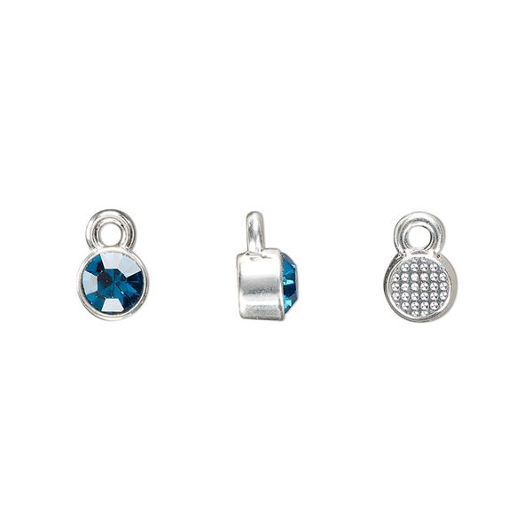 Drop, silver-finished "pewter" (zinc-based alloy) and glass rhinestone, zircon blue, 6mm faceted round, December birthstone. Sold per pkg of 10. image number 0