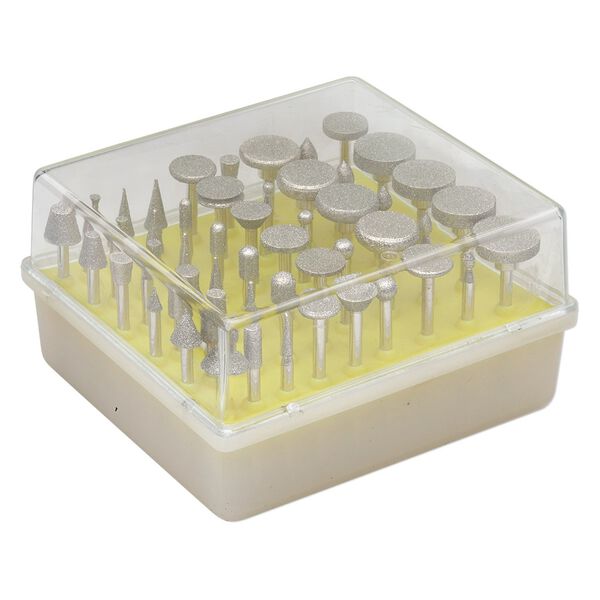Burr set, plastic diamond-coated steel, white and yellow, 1-3/4 x 1/8 inch assorted shanks with 1-16mm wide tips in 4 x 3-1/2 x 2 inch case. Sold per 50-piece set. image number 0