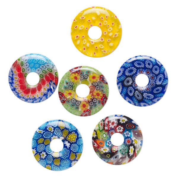Component, millefiori glass, translucent multicolored, 18-22mm undrilled donut with flower design. Sold per pkg of 6. image number 0