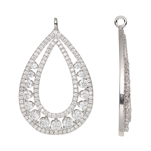 Focal, cubic zirconia and silver-finished brass, clear, 31x21.5mm single-sided open teardrop. Sold individually. image number 0