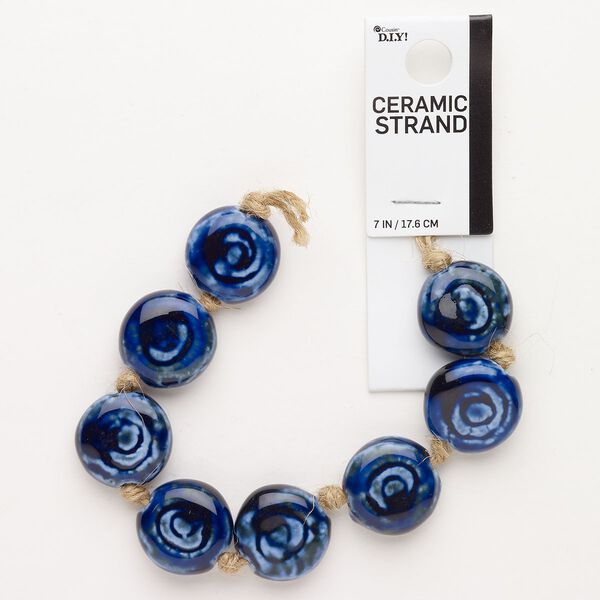 Bead, ceramic, pkg/8, cobalt blue, 19mm flat round. image number 0