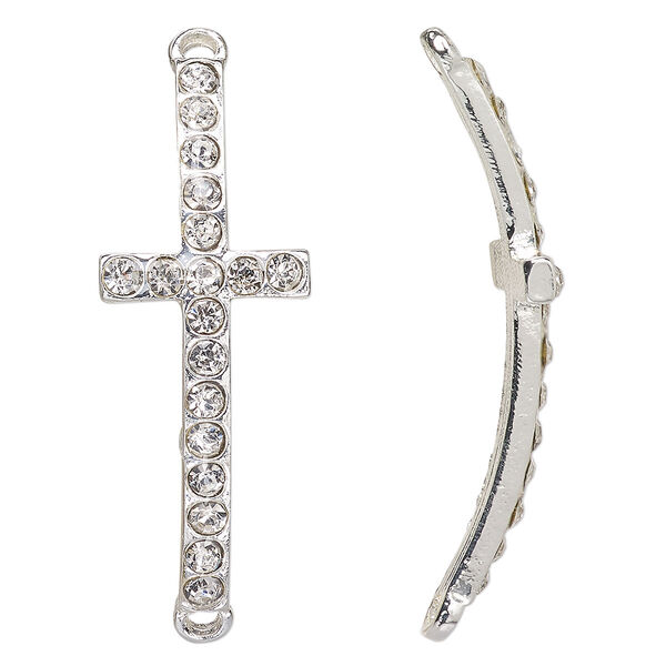 Focal, Czech glass rhinestone and silver-finished "pewter" (zinc-based alloy), clear, 43x16mm single-sided curved cross with 3mm faceted round. Sold per pkg of 2. image number 0