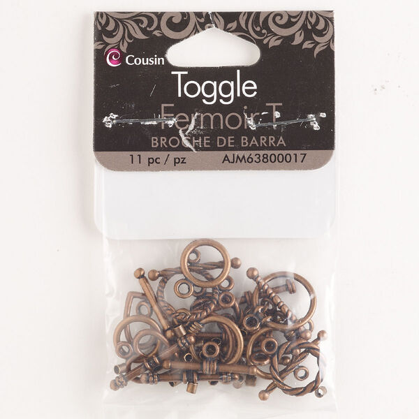 Clasp assortment, toggle, steel, pkg/35, antique copper finish. image number 0