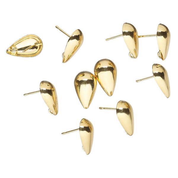 Earstud 1pkg10 gold-plated, 14x8.5mm half-dome teardrop / hidden open loop, brass 5 pair image number 0