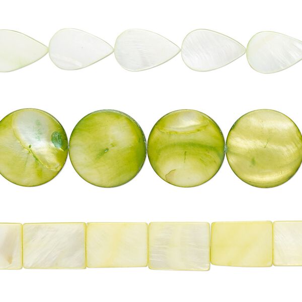 Bead mix, mother-of-pearl shell (dyed), lime green and lemon, 20x15mm-25mm mixed shapes with 0.6-0.8mm hole, Mohs hardness 3-1/2. Sold per pkg of (3) 15-inch strands. image number 0