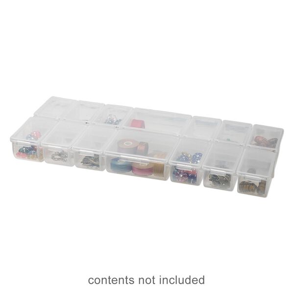 Organizer, plastic, clear, 9-1/2 x 1 x 4-1/4 inch rectangle with 14 fixed compartments with individual snap lids. Sold individually. image number 0