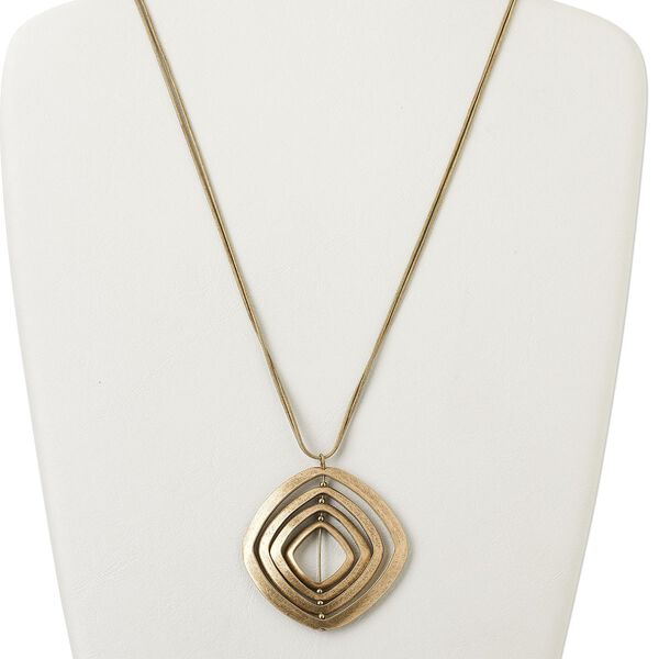 Necklace, antiqued brass-finished "pewter" (zinc-based alloy), steel and brass, 56x55mm graduated diamond, 24 inches with 4-inch extender chain and lobster claw clasp. Sold individually. image number 0