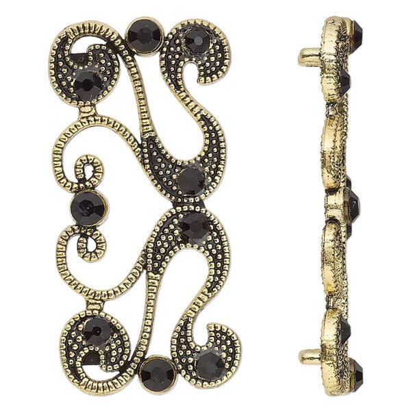 Spacer, antiqued gold-finished "pewter" (zinc-based alloy) and Czech glass rhinestone, black, 40x19mm 2-strand fancy rectangle with flourish design. Sold per pkg of 4. image number 0
