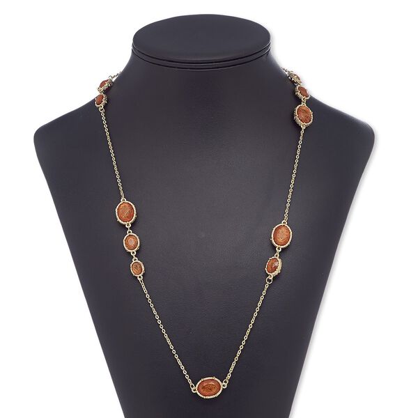 Necklace, resin with gold-finished steel and "pewter" (zinc-based alloy), copper, oval, 32 inches with 2-inch extender chain and lobster claw clasp. Sold individually. image number 0